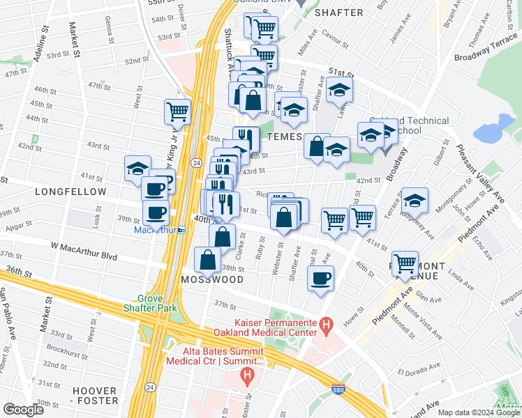 map of restaurants, bars, coffee shops, grocery stores, and more near 468 41st Street in Oakland