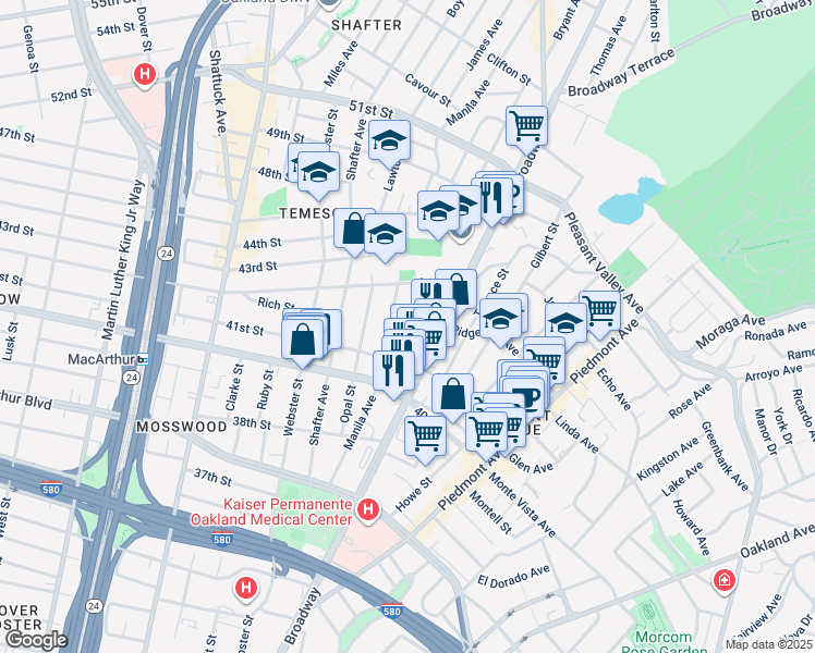 map of restaurants, bars, coffee shops, grocery stores, and more near 4135 Emerald Street in Oakland