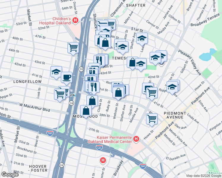map of restaurants, bars, coffee shops, grocery stores, and more near 466 41st Street in Oakland