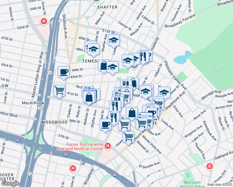 map of restaurants, bars, coffee shops, grocery stores, and more near 4138 Manila Avenue in Oakland