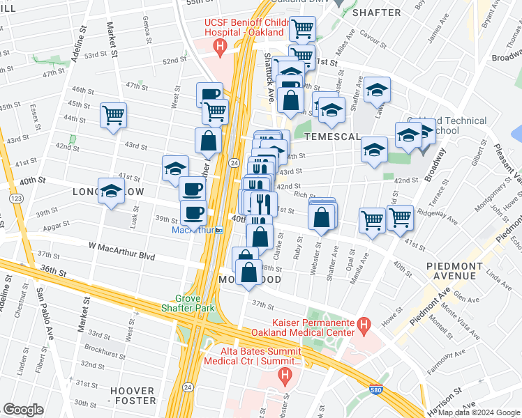map of restaurants, bars, coffee shops, grocery stores, and more near 4073 Telegraph Avenue in Oakland