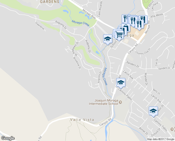 map of restaurants, bars, coffee shops, grocery stores, and more near 20 Broadmoor Street in Moraga