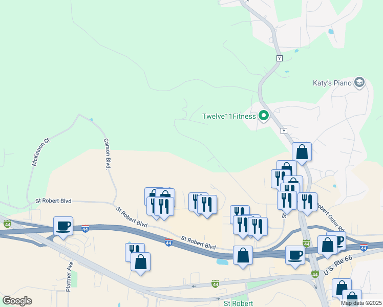 map of restaurants, bars, coffee shops, grocery stores, and more near 299 Carmel Valley Way in Saint Robert
