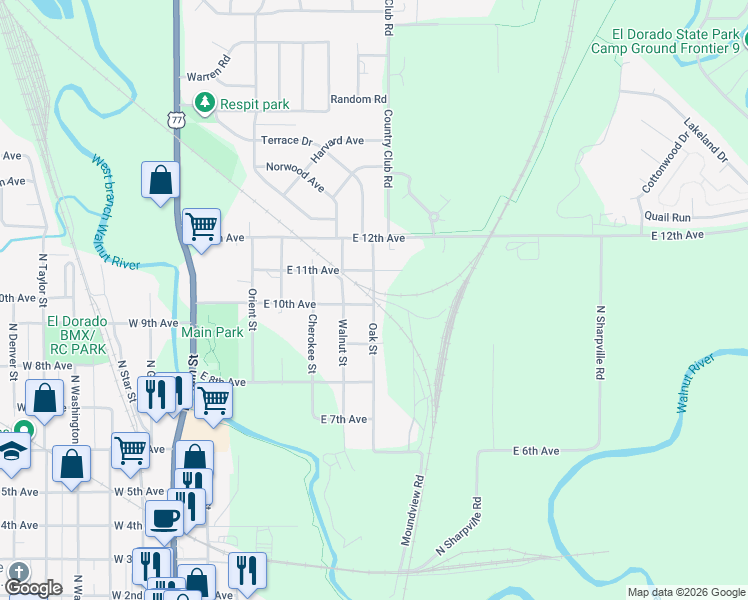 map of restaurants, bars, coffee shops, grocery stores, and more near 1109 Oak Street in El Dorado
