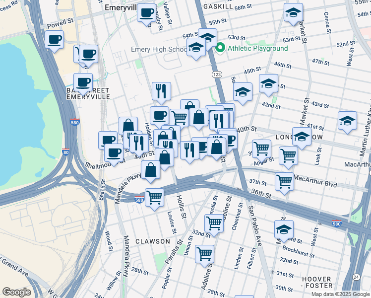 map of restaurants, bars, coffee shops, grocery stores, and more near 1325 40th Street in Emeryville