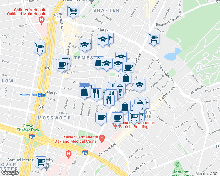 map of restaurants, bars, coffee shops, grocery stores, and more near 4140 Manila Avenue in Oakland