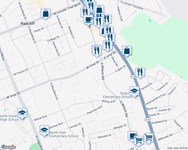 map of restaurants, bars, coffee shops, grocery stores, and more near 199 Tim Court in Radcliff