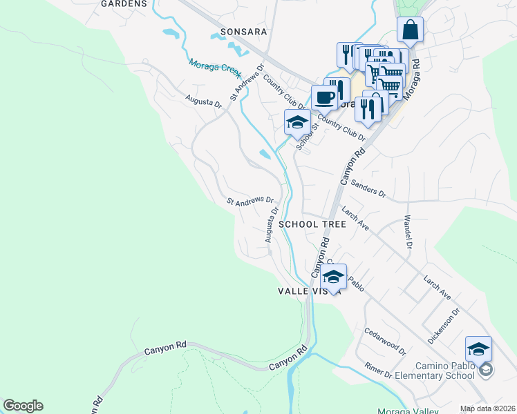 map of restaurants, bars, coffee shops, grocery stores, and more near 7 Doral Drive in Moraga