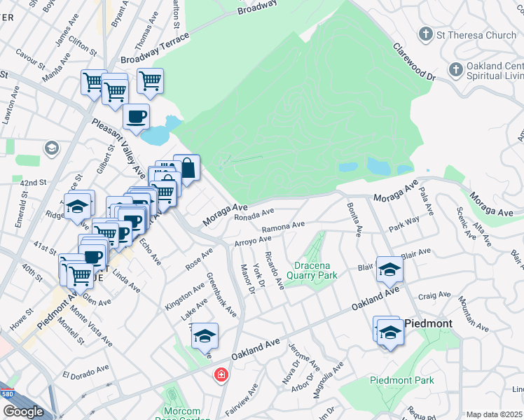 map of restaurants, bars, coffee shops, grocery stores, and more near 141 Ronada Avenue in Piedmont