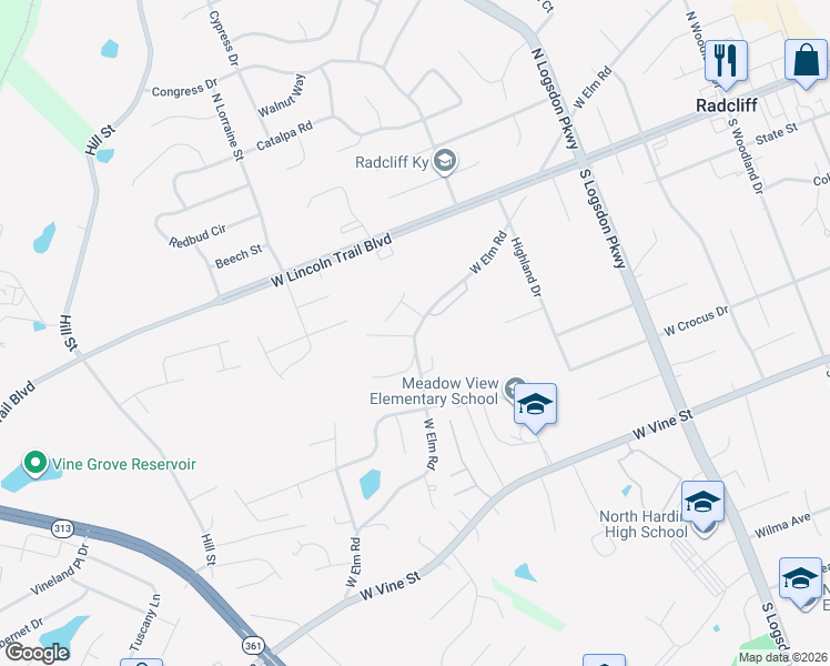 map of restaurants, bars, coffee shops, grocery stores, and more near 1438 West Elm Road in Radcliff