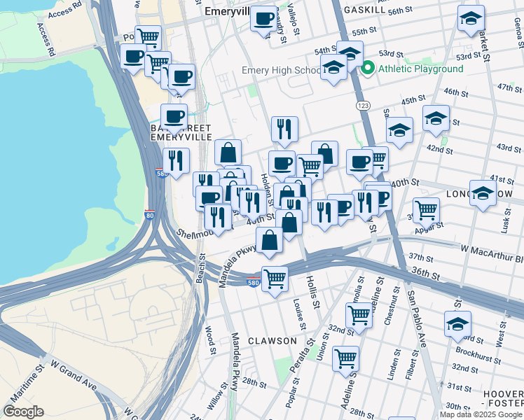 map of restaurants, bars, coffee shops, grocery stores, and more near 4050 Horton Street in Emeryville