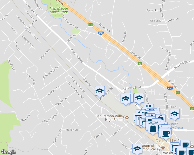 map of restaurants, bars, coffee shops, grocery stores, and more near 708 Las Barrancas Dr in Danville
