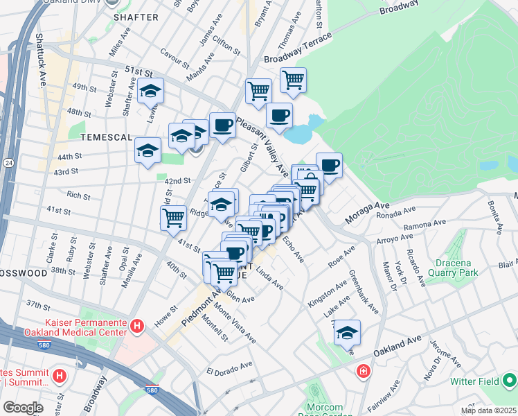 map of restaurants, bars, coffee shops, grocery stores, and more near 190 John Street in Oakland