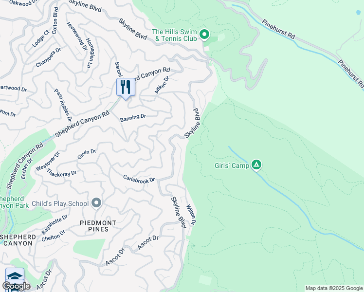 map of restaurants, bars, coffee shops, grocery stores, and more near 7055 Shirley Drive in Oakland