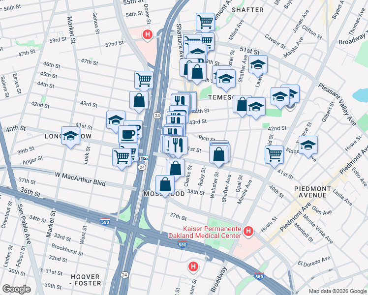 map of restaurants, bars, coffee shops, grocery stores, and more near in Oakland