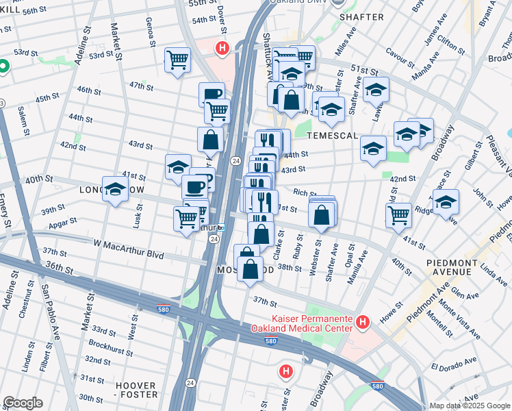 map of restaurants, bars, coffee shops, grocery stores, and more near 515 41st Street in Oakland