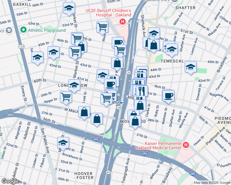 map of restaurants, bars, coffee shops, grocery stores, and more near 644 40th Street in Oakland
