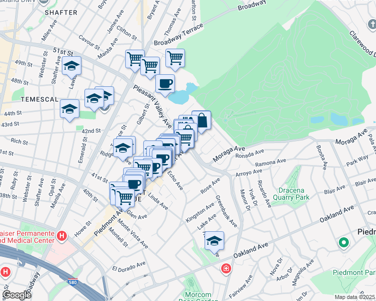 map of restaurants, bars, coffee shops, grocery stores, and more near 4400 Piedmont Avenue in Oakland