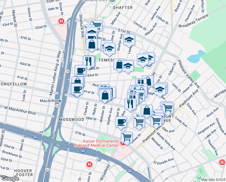 map of restaurants, bars, coffee shops, grocery stores, and more near 4164 Shafter Avenue in Oakland