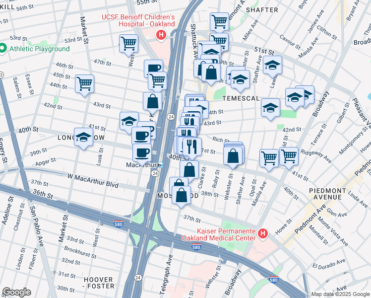 map of restaurants, bars, coffee shops, grocery stores, and more near 4013 Telegraph Avenue in Oakland