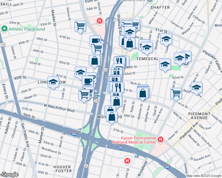 map of restaurants, bars, coffee shops, grocery stores, and more near 4013 Telegraph Avenue in Oakland