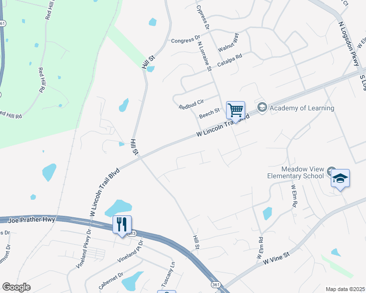 map of restaurants, bars, coffee shops, grocery stores, and more near 1650 West Lincoln Trail Boulevard in Radcliff