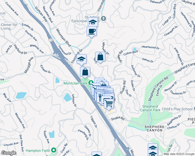 map of restaurants, bars, coffee shops, grocery stores, and more near 1880 Mountain Boulevard in Oakland