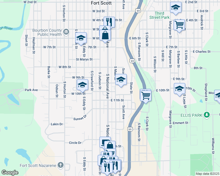 map of restaurants, bars, coffee shops, grocery stores, and more near 915 South National Avenue in Fort Scott