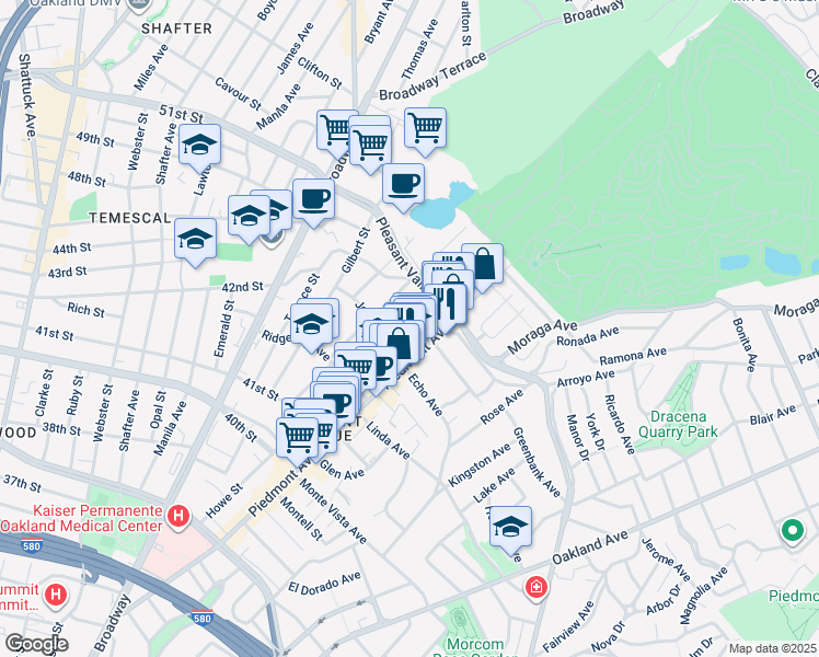 map of restaurants, bars, coffee shops, grocery stores, and more near 4328 Howe Street in Oakland
