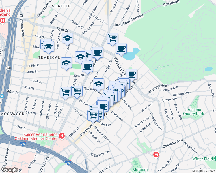 map of restaurants, bars, coffee shops, grocery stores, and more near 4237 Montgomery Street in Oakland