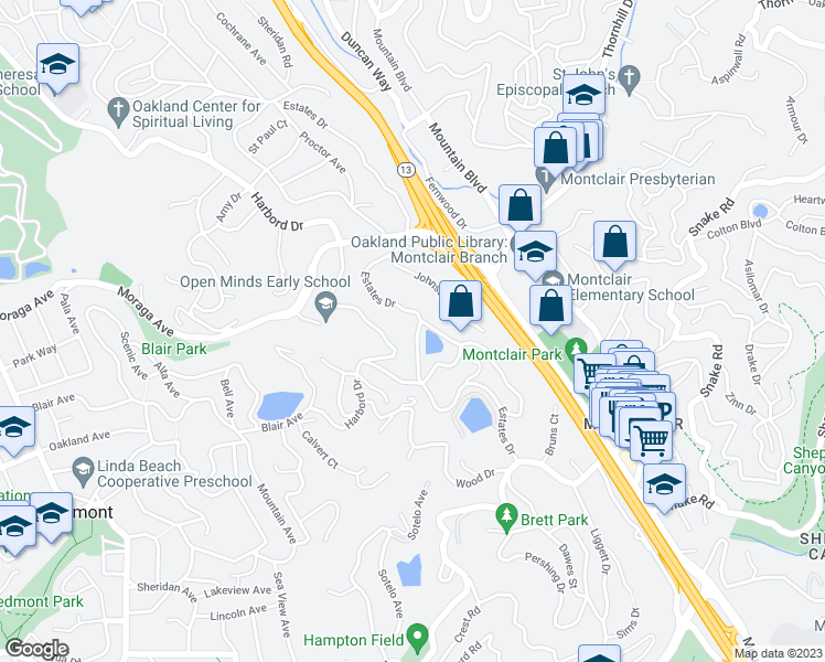 map of restaurants, bars, coffee shops, grocery stores, and more near 6015 Estates Drive in Piedmont