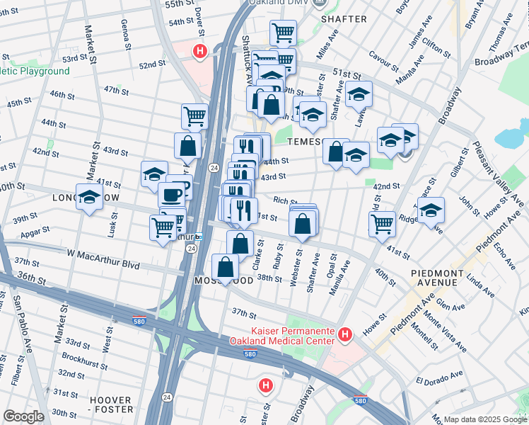 map of restaurants, bars, coffee shops, grocery stores, and more near in Oakland