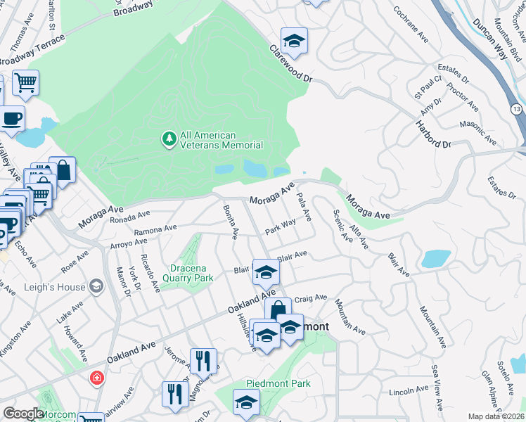 map of restaurants, bars, coffee shops, grocery stores, and more near 15 Mesa Avenue in Piedmont