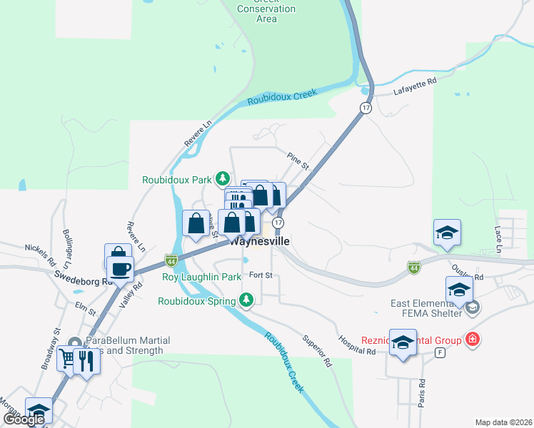 map of restaurants, bars, coffee shops, grocery stores, and more near 208 North Lynn Street in Waynesville