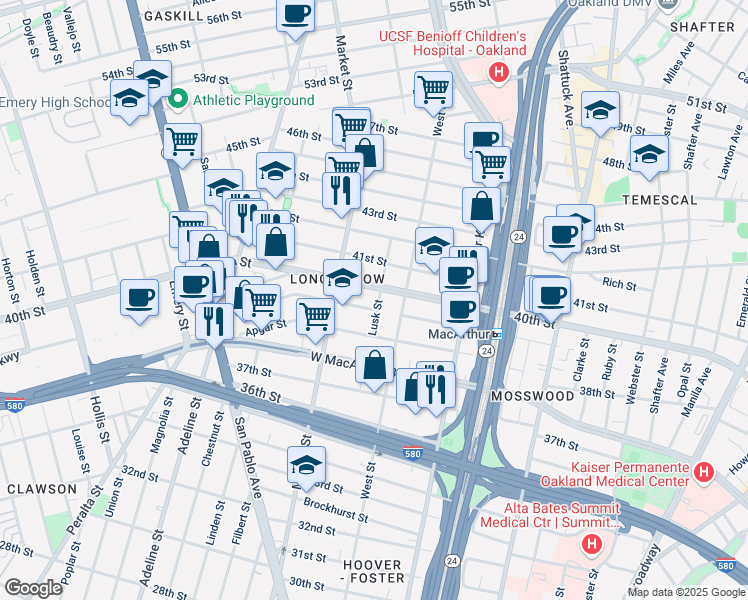 map of restaurants, bars, coffee shops, grocery stores, and more near 3919 Lusk Street in Oakland