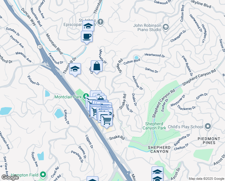 map of restaurants, bars, coffee shops, grocery stores, and more near 6105 Snake Road in Oakland