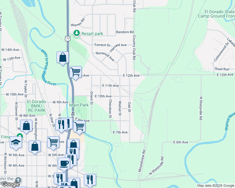 map of restaurants, bars, coffee shops, grocery stores, and more near 520 East 10th Avenue in El Dorado