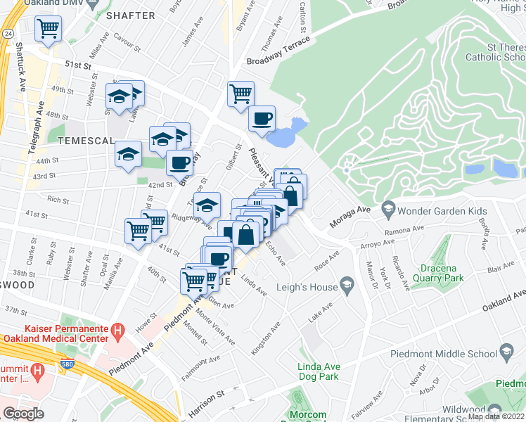 map of restaurants, bars, coffee shops, grocery stores, and more near 4324 Howe St in Oakland