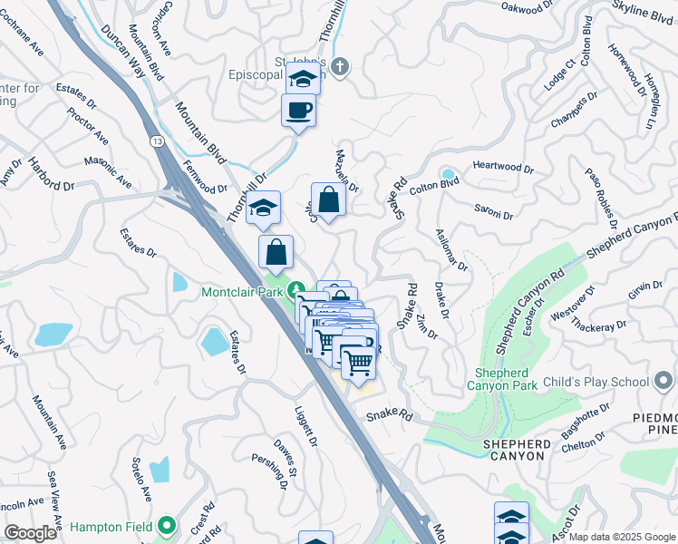 map of restaurants, bars, coffee shops, grocery stores, and more near in Oakland
