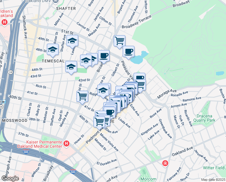 map of restaurants, bars, coffee shops, grocery stores, and more near 4237 Montgomery Street in Oakland