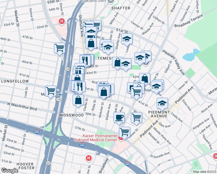 map of restaurants, bars, coffee shops, grocery stores, and more near 4117 Webster Street in Oakland