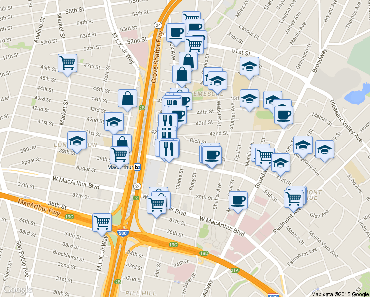 map of restaurants, bars, coffee shops, grocery stores, and more near in Oakland
