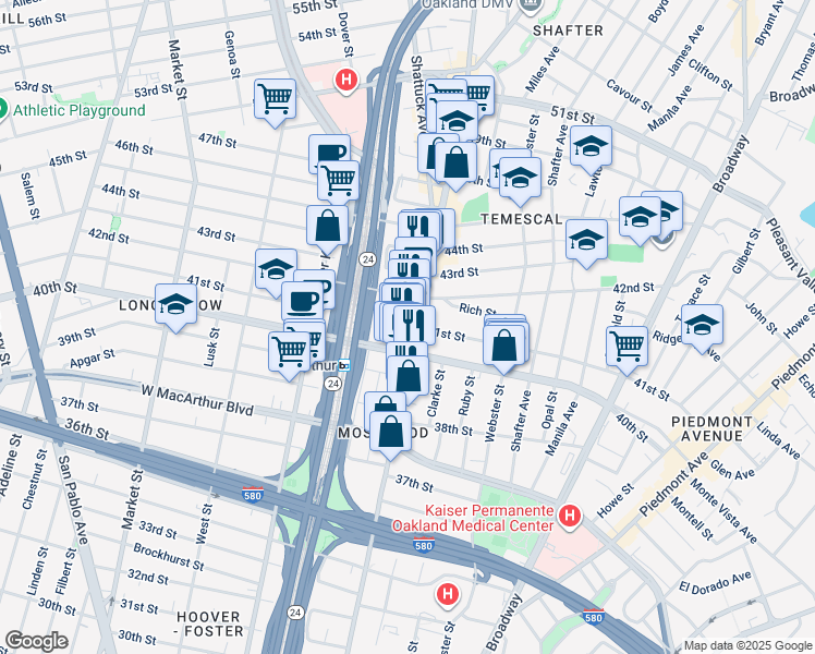 map of restaurants, bars, coffee shops, grocery stores, and more near 4013 Telegraph Avenue in Oakland
