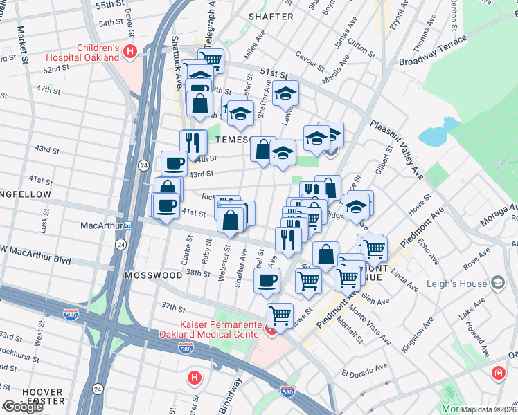 map of restaurants, bars, coffee shops, grocery stores, and more near 4164 Shafter Avenue in Oakland
