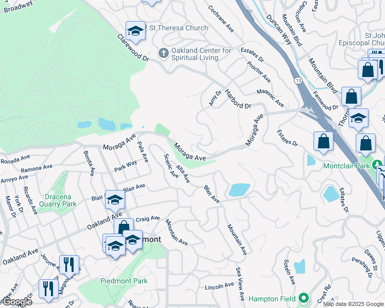map of restaurants, bars, coffee shops, grocery stores, and more near 10 Echo Lane in Piedmont