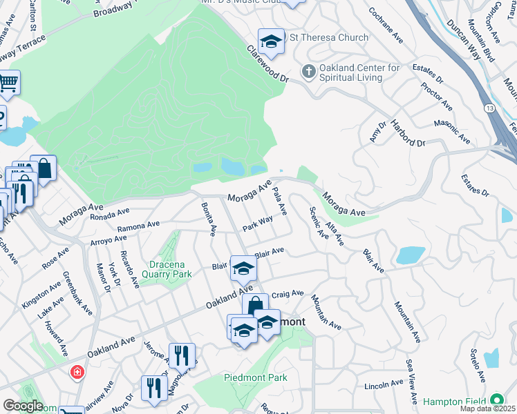 map of restaurants, bars, coffee shops, grocery stores, and more near 19 Monte Avenue in Piedmont