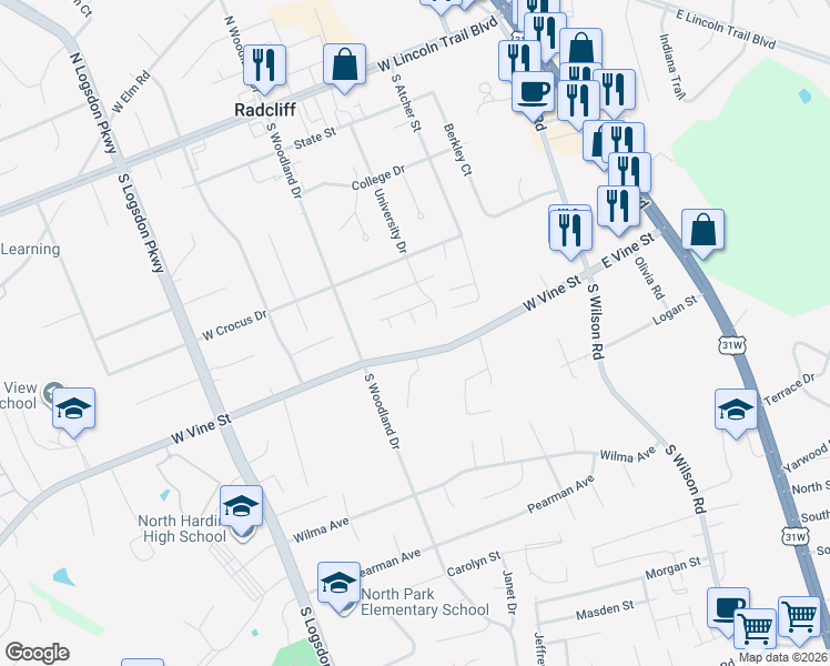 map of restaurants, bars, coffee shops, grocery stores, and more near 105 Naples Court in Radcliff
