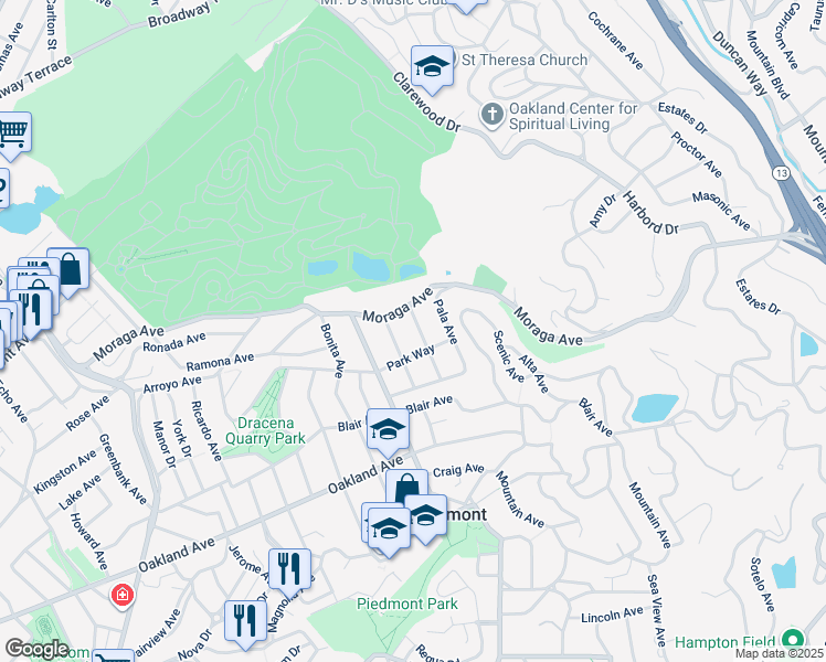 map of restaurants, bars, coffee shops, grocery stores, and more near 19 Monte Avenue in Piedmont