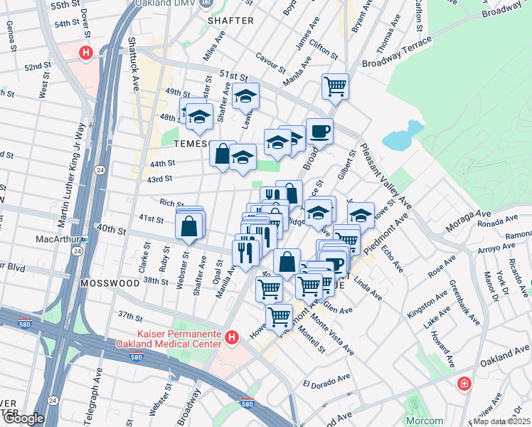 map of restaurants, bars, coffee shops, grocery stores, and more near 4160 Emerald Street in Oakland