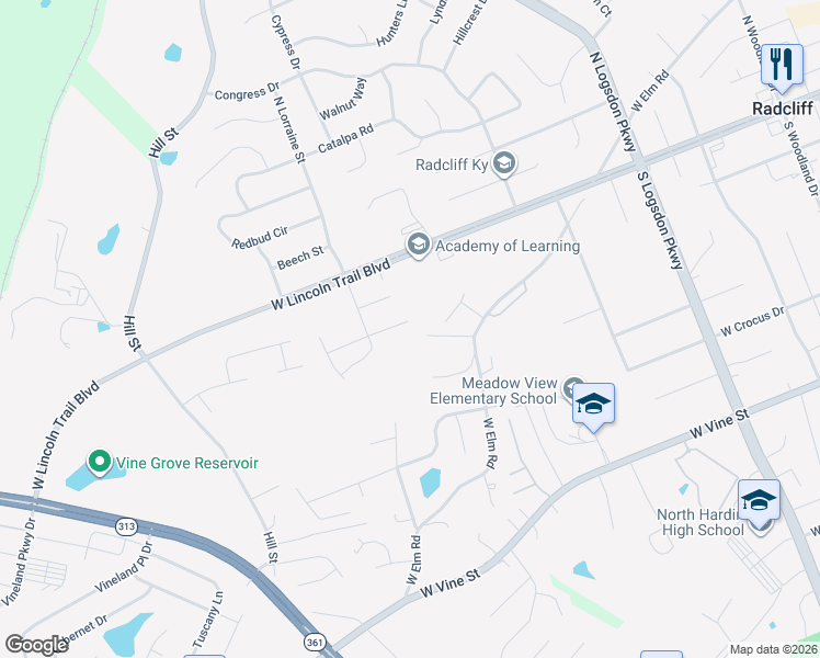 map of restaurants, bars, coffee shops, grocery stores, and more near 131 Ash Court in Radcliff